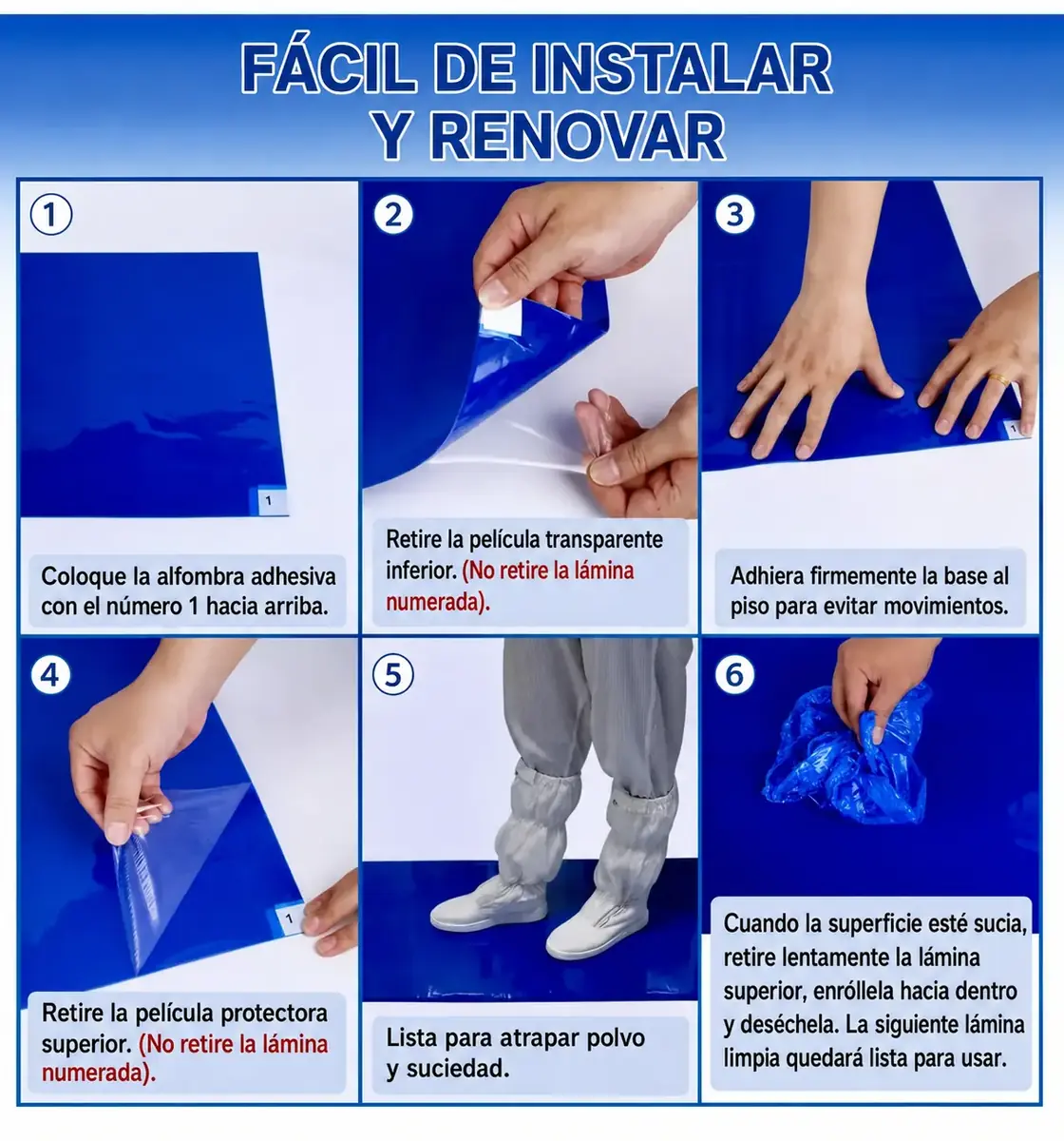 Manual en español con seis pasos para instalar y renovar una alfombrilla adhesiva Sticky Mat