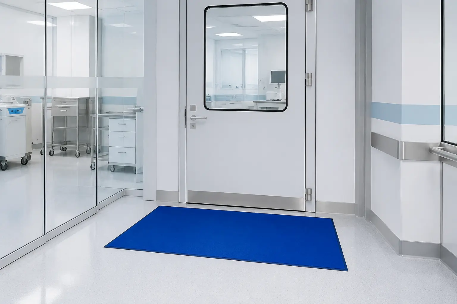 Sticky Mat azul instalado en el acceso a un área clínica controlada