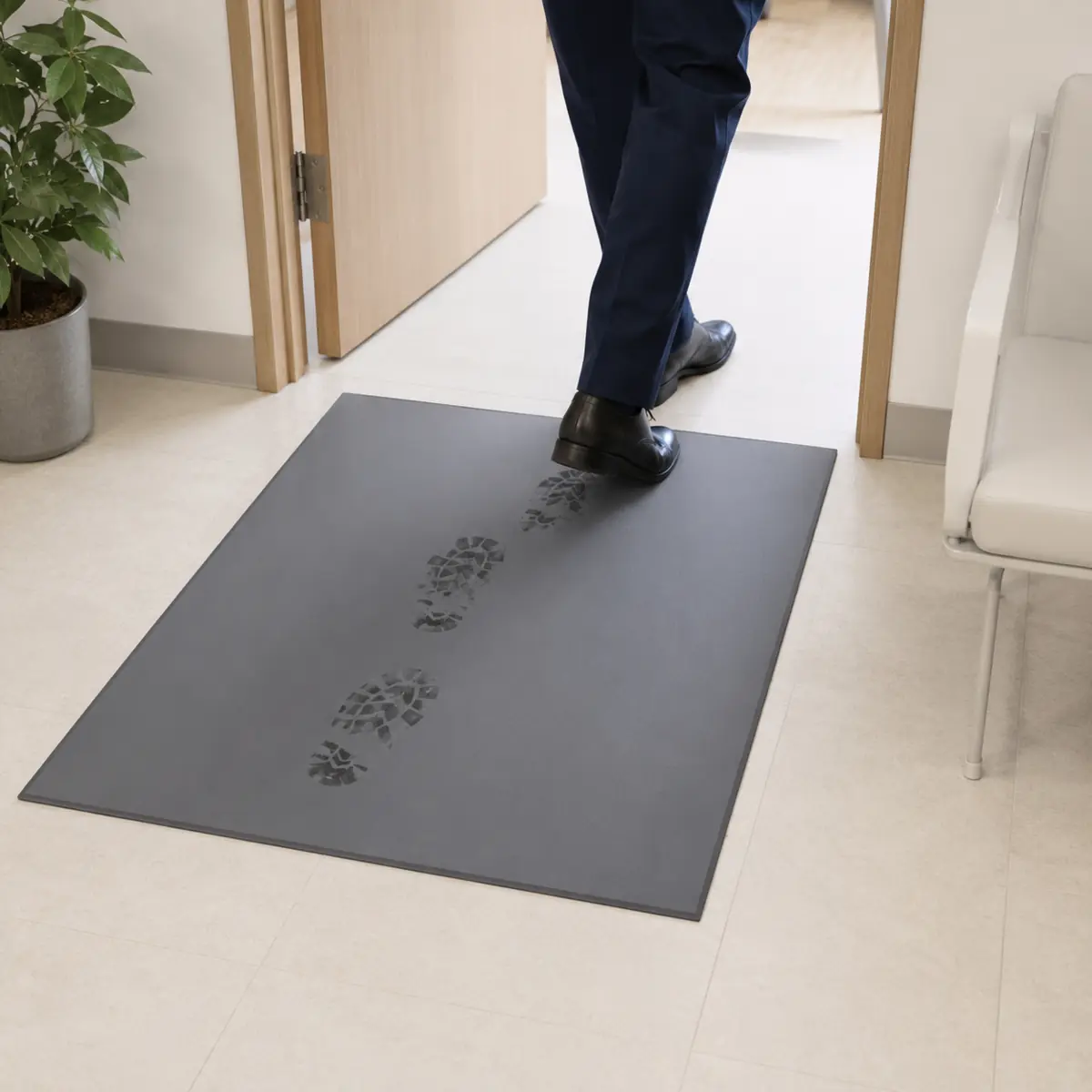 Sticky Mat gris reteniendo suciedad del calzado en el acceso a una consulta médica